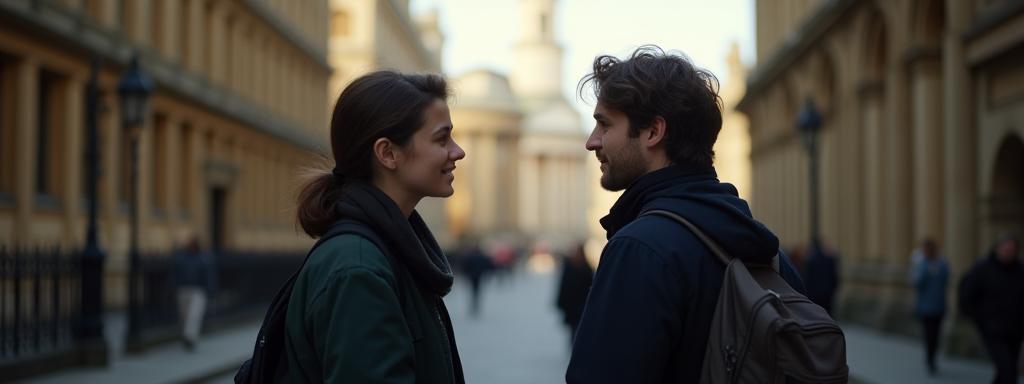 Student speaking with tutor in Oxford city center